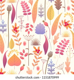 Patrón inoxidable hecho con hojas coloridas, hierba seca y bayas sobre fondo claro. Textura sin fin con elementos simples de las plantas de otoño. Decoración floral naive vectorial.