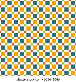 Seamless pattern made of colorful squares - yellow (orange), red, green and blue on white background, modern kid texture