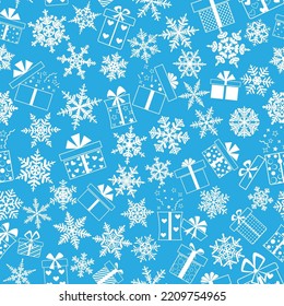 Seamless pattern made of complex Christmas snowflakes and gift boxes with different patterns, in light blue colors
