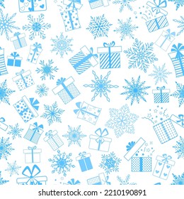Seamless pattern made of complex Christmas snowflakes and gift boxes with different patterns, in light blue colors