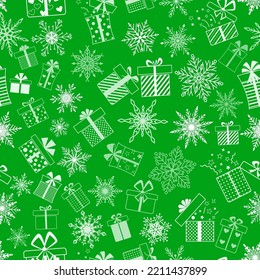 Seamless pattern made of complex Christmas snowflakes and gift boxes with different patterns, in green colors