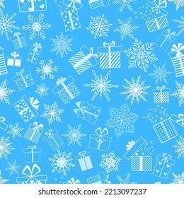 Seamless pattern made of complex Christmas snowflakes and gift boxes with different patterns, in light blue colors