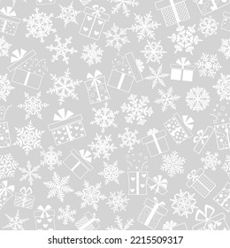Seamless pattern made of complex Christmas snowflakes and gift boxes with different patterns, in gray colors
