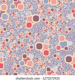 Seamless pattern made up of composite abstract shapes with translucent elements. The background consists of contour squares located chaotically.