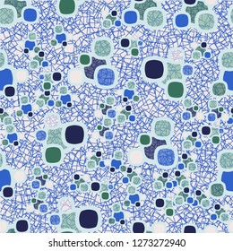 Seamless pattern made up of composite abstract shapes with translucent elements. The background consists of contour squares located chaotically.