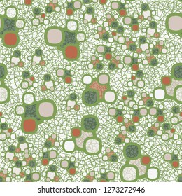 Seamless pattern made up of composite abstract shapes with translucent elements. The background consists of contour squares located chaotically.