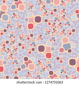 Seamless pattern made up of composite abstract shapes with translucent elements. Background consisting of placers of small quadrangles.