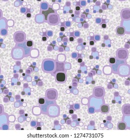Seamless pattern made up of composite abstract shapes with translucent elements. Background consisting of placers of small quadrangles.