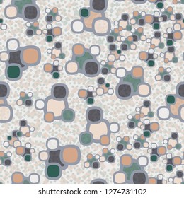 Seamless pattern made up of composite abstract shapes with translucent elements. Background consisting of placers of small quadrangles.