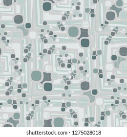 Seamless pattern made up of composite abstract shapes with translucent elements. The background is made up of large crooked squares.