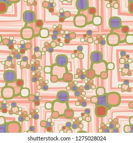 Seamless pattern made up of composite abstract shapes with translucent elements. The background is made up of large crooked squares.