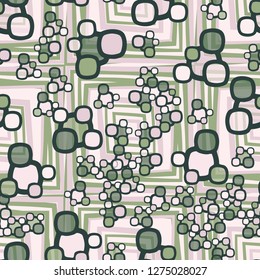 Seamless pattern made up of composite abstract shapes with translucent elements. The background is made up of large crooked squares.