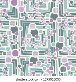 Seamless pattern made up of composite abstract shapes with translucent elements. The background is made up of large crooked squares.
