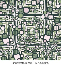 Seamless pattern made up of composite abstract shapes with translucent elements.  The background consists of large acute quadrilateral figures.