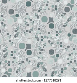 Seamless pattern made up of composite abstract shapes with translucent elements. Background consisting of a lattice.