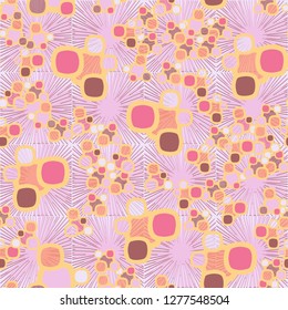 Seamless pattern made up of composite abstract shapes with translucent elements. Background consisting of a lattice.