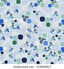 Seamless pattern made up of composite abstract shapes with translucent elements. 
Background consisting of large sloppy squares.