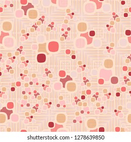 Seamless pattern made up of composite abstract shapes with translucent elements. 
Background consisting of large sloppy squares.
