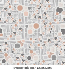 Seamless pattern made up of composite abstract shapes with translucent elements. 
Background consisting of large sloppy squares.