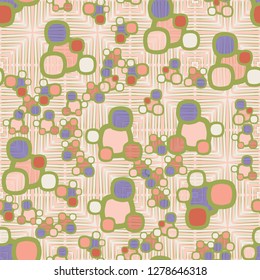 Seamless pattern made up of composite abstract shapes with translucent elements. 
Background consisting of large sloppy squares.