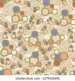 Seamless pattern made up of composite abstract shapes with translucent elements. 
The background is composed of three-sided tracery figures.