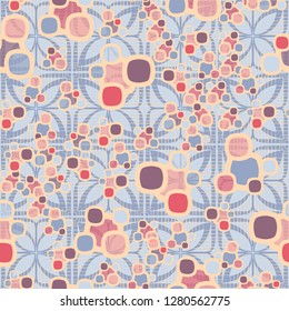 Seamless pattern made up of composite abstract shapes with translucent elements. 
Background from consisting of an openwork lattice and strokes.