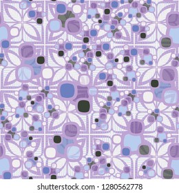 Seamless pattern made up of composite abstract shapes with translucent elements. 
Background from consisting of an openwork lattice and strokes.