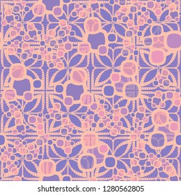 Seamless pattern made up of composite abstract shapes with translucent elements. 
Background from consisting of an openwork lattice and strokes.