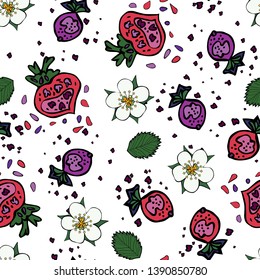 Seamless pattern made of contour strawberries and flowewrs in doodling style on transparent background. Endless botanical texture for seasonal spring and summer design