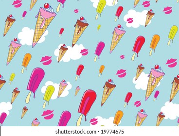 Seamless Pattern made of cool hand-drawn ice creams in different colors in retro style . Vector illustration