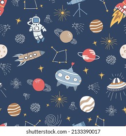 Seamless pattern made with cosmo and space elements. Hand drawn colorful doodles.