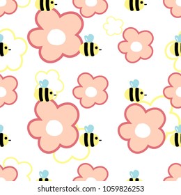 Seamless pattern made with cute bees and colorful  flowers. Spring background