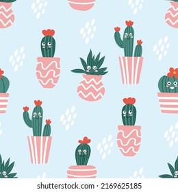 Seamless pattern made with cute cacti characters in pink pots. Light blue background, white spots.