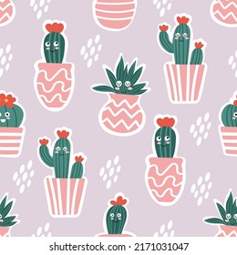 Seamless pattern made with cute cacti characters in pink pots. Light blue background, white spots.