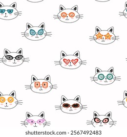 Seamless pattern made with cute cats in sunglasses. Surface design for clothes, stationery, nursery, cat lovers.