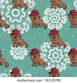 Seamless pattern made from cute dogs and snowflakes. Vector illustration