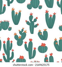 Seamless pattern made with cute green cacties with red flowers. White background.