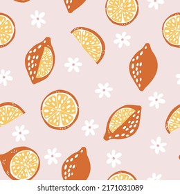 Seamless pattern made with cute lemons and botanical details. Simple fruit print. Scandinavian style, naive vibes.