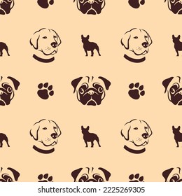 Seamless pattern made up of cute pugs and labradors as wallpaper, cover design or background. Endless texture of pretty puppies for printing on package, wrapper, card, textile or gift paper.