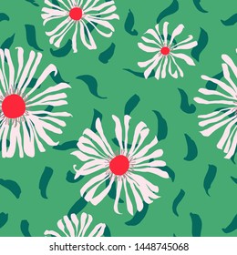 Seamless pattern made of daisies. Artistic background with flowers. Delicate floral illustration. Trendy flat drawing. Good for textile, fabric, wallpaper, bedding, clothes, wrapper, surface