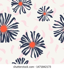 Seamless pattern made of daisies. Artistic background with flowers. Delicate floral illustration. Trendy flat drawing. Good for textile, fabric, wallpaper, bedding, clothes, wrapper, surface