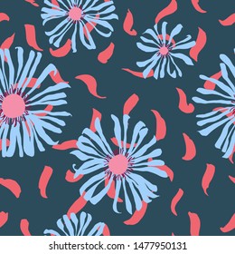 Seamless pattern made of daisies. Artistic background with flowers. Delicate floral illustration. Trendy flat drawing. Good for textile, fabric, wallpaper, bedding, clothes, wrapper, surface