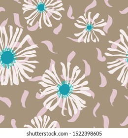 Seamless pattern made of daisies. Artistic background with flowers. Delicate floral illustration. Trendy flat drawing. Good for textile, fabric, wallpaper, bedding, clothes, wrapper, surface