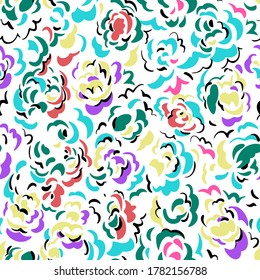 Seamless pattern made of decorative blossom flower buds. Abstract brush strokes art background. Curved wavy shapes forming floral botanical texture. Good for fabric, textile, fashion design.