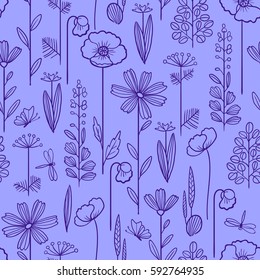 Seamless pattern made of decorative flowers and plants with dragonfly and butterfly, nature of wild field and meadow. Vector sketch on violet background.