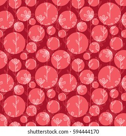 Seamless pattern made of decorative flowers chamomile, nature of wild field and meadow. Vector sketch in shades of red with circles on background.