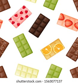 Seamless pattern made from different delicious chocolate. Endless picture. Cartoon style. Vector illustration. Object for packaging, advertisements, menu. Sweet food. Dessert meal.