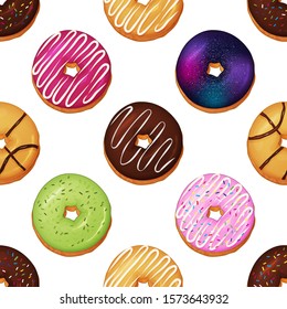 Seamless pattern made from different delicious donut. Endless picture. Cartoon style. Vector illustration. Object for packaging, advertisements, menu. Sweet food. Dessert meal.