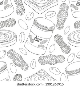 Seamless pattern made from different objects. jars with peanut butter, bread. Hand drawn endless picture. Black and white. Vector illustration.