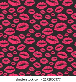 Seamless pattern made up of different pink colored female lips for package, wrapping paper, cloth, cards, wallpaper or envelope. Endless pattern of a lot of lipstick female prints on black background.